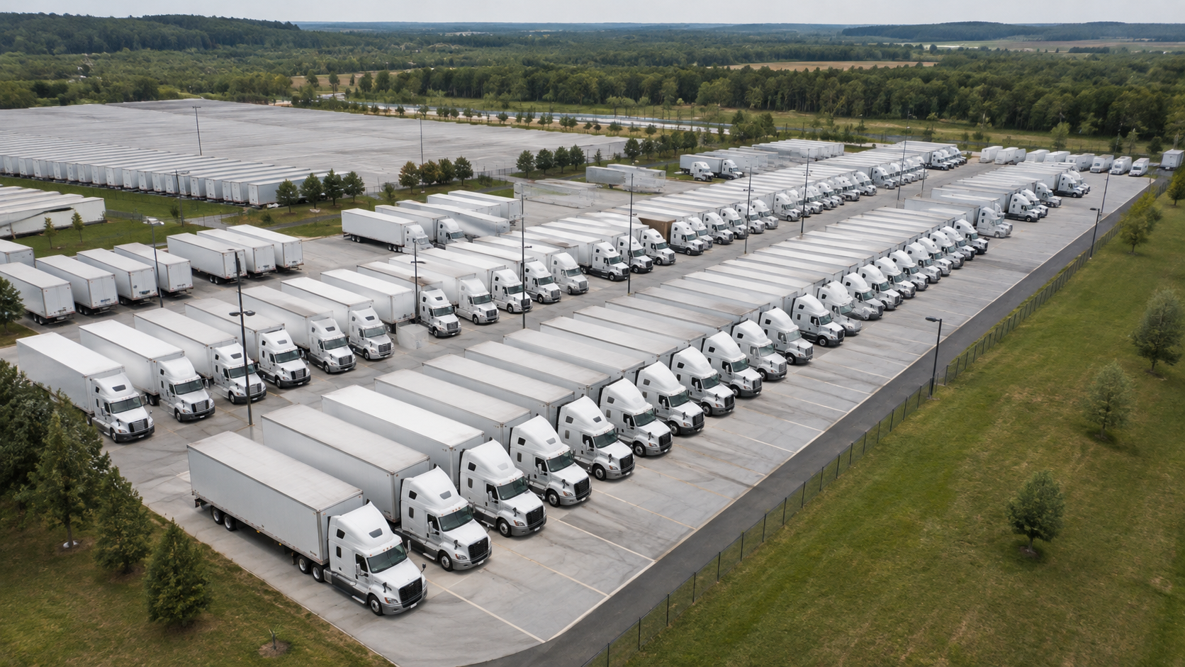 Illustrative view of trucks organized in a logistics yard